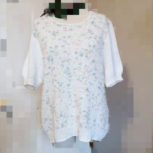 vintage eyelash fuzzy oversize sweater size large short sleeve Swiss dot white